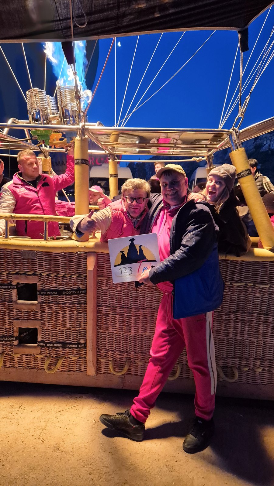 Guests in a hot air balloon basket before take-off